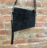 Suede leather bag in BLACK. Genuine leather cross body / shoulder bag. Small boho party messenger bag with zipper. BLACK suede purse