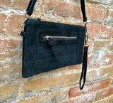 Suede leather bag in BLACK. Genuine leather cross body / shoulder bag. Small boho party messenger bag with zipper. BLACK suede purse