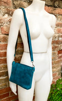 TEAL BLUE suede leather bag. Cross body / shoulder bag in GENUINE leather. Small leather bag with adjustable strap + zipper. Teal blue purse