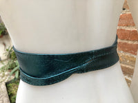 Teal BLUE-GREEN leather OBI belt. Wide waist belt in soft genuine leather. Metallic shine wraparound belt, boho dress belt in teal leather.