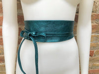 Teal BLUE-GREEN leather OBI belt. Wide waist belt in soft genuine leather. Metallic shine wraparound belt, boho dress belt in teal leather.