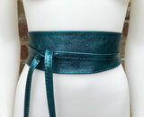 Teal BLUE-GREEN leather OBI belt. Wide waist belt in soft genuine leather. Metallic shine wraparound belt, boho dress belt in teal leather.