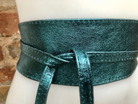 Teal BLUE-GREEN leather OBI belt. Wide waist belt in soft genuine leather. Metallic shine wraparound belt, boho dress belt in teal leather.