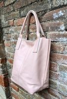 PINK shopper bag in GENUINE leather. Large carry all bag for your laptop, books. Light pink leather tote / bucket bag. Pink leather purse