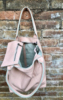 PINK shopper bag in GENUINE leather. Large carry all bag for your laptop, books. Light pink leather tote / bucket bag. Pink leather purse