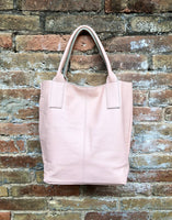 PINK shopper bag in GENUINE leather. Large carry all bag for your laptop, books. Light pink leather tote / bucket bag. Pink leather purse