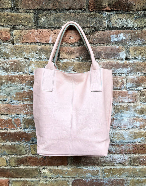 PINK shopper bag in GENUINE leather. Large carry all bag for your laptop, books. Light pink leather tote / bucket bag. Pink leather purse