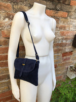 Suede leather bag in NAVY BLUE. Crossbody / shoulder bag in GENUINE leather. Small navy suede purse with adjustable strap and zipper.