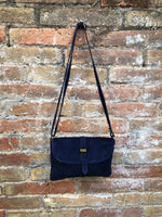 Suede leather bag in NAVY BLUE. Crossbody / shoulder bag in GENUINE leather. Small navy suede purse with adjustable strap and zipper.