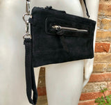 Suede leather bag in BLACK. Genuine leather cross body / shoulder bag. Small boho party messenger bag with zipper. BLACK suede purse