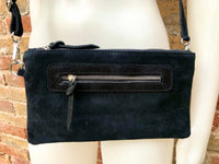 Suede leather bag in BLACK. Genuine leather cross body / shoulder bag. Small boho party messenger bag with zipper. BLACK suede purse