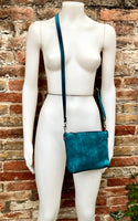 TEAL BLUE suede leather bag. Cross body / shoulder bag in GENUINE leather. Small leather bag with adjustable strap + zipper. Teal blue purse