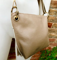 BEIGE leather bag. Light cafe au lait cross body / shoulder bag. Genuine leather purse with adjustable strap and zipper. Soft leather bag