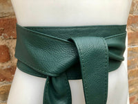 DARK GREEN obi belt. Wrap belt in soft genuine leather. Wraparound waist belt. Wide style. Boho dress belt in dark green leather.