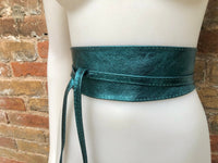 Teal BLUE-GREEN leather OBI belt. Wide waist belt in soft genuine leather. Metallic shine wraparound belt, boho dress belt in teal leather.