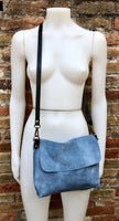 Messenger bag in genuine suede leather. Denim BLUE cross body bag. Boho suede bag with zipper and flap. BLUE - GRAY suede purse