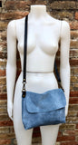 Messenger bag in genuine suede leather. Denim BLUE cross body bag. Boho suede bag with zipper and flap. BLUE - GRAY suede purse