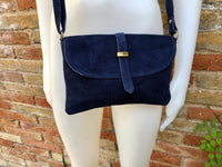 Suede leather bag in NAVY BLUE. Crossbody / shoulder bag in GENUINE leather. Small navy suede purse with adjustable strap and zipper.