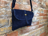 Suede leather bag in NAVY BLUE. Crossbody / shoulder bag in GENUINE leather. Small navy suede purse with adjustable strap and zipper.