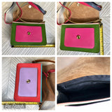 Small cross body bag in genuine leather. Enveloppe bag with adjustable strap + flap. Boho multicolor bag, green, camel brown, pink, fuchsia