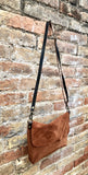 Messenger bag in genuine suede leather. Rusty brown cross body bag. Boho suede bag with zipper and flap. Saddle - camel brown suede purse