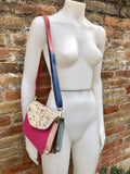 Small cross body bag in genuine leather. Enveloppe bag with adjustable strap + flap. Boho multicolor bag,  pink, fuchsia,blue and beige