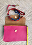 Small cross body bag in genuine leather. Enveloppe bag with adjustable strap + flap. Boho multicolor bag,  pink, fuchsia,blue and beige