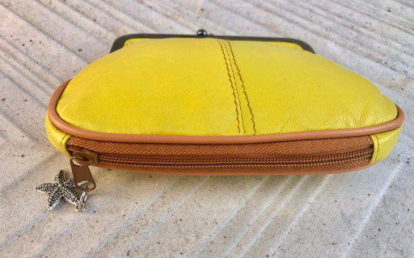 Vintage style kiss lock purse in genuine leather. Coin purse in yellow –  Handmade suede bags by Good Times Barcelona