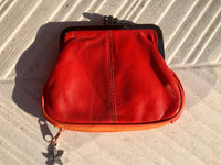 Genuine leather kiss lock purse. Metallic frame retro coin purse with a  separate zipper for cards. Grandma style purse. Red, blue, black
