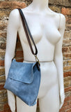 Messenger bag in genuine suede leather. Denim BLUE cross body bag. Boho suede bag with zipper and flap. BLUE - GRAY suede purse