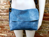 Messenger bag in genuine suede leather. Denim BLUE cross body bag. Boho suede bag with zipper and flap. BLUE - GRAY suede purse