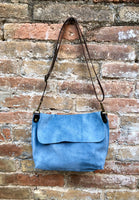 Messenger bag in genuine suede leather. Denim BLUE cross body bag. Boho suede bag with zipper and flap. BLUE - GRAY suede purse