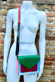 Small cross body bag in genuine leather. Enveloppe bag with adjustable strap + flap. Boho multicolor bag, green, burgundy, pink, fuchsia