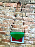 Small cross body bag in genuine leather. Enveloppe bag with adjustable strap + flap. Boho multicolor bag, green, burgundy, pink, fuchsia