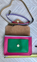 Small cross body bag in genuine leather. Enveloppe bag with adjustable strap + flap. Boho multicolor bag, green, camel brown, pink, fuchsia