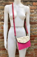 Small cross body bag in genuine leather. Enveloppe bag with adjustable strap + flap. Boho multicolor bag,  pink, fuchsia,blue and beige