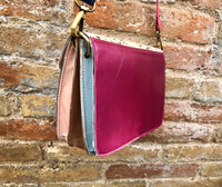 Small cross body bag in genuine leather. Enveloppe bag with adjustable strap + flap. Boho multicolor bag,  pink, fuchsia,blue and beige