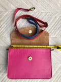 Small cross body bag in genuine leather. Enveloppe bag with adjustable strap + flap. Boho multicolor bag,  pink, fuchsia,blue and beige