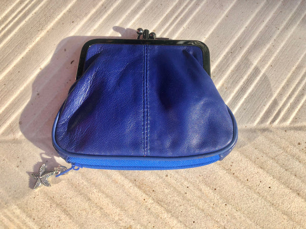 Large kiss lock purse. Blue coin purse with a separate zipper for card –  Handmade suede bags by Good Times Barcelona