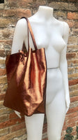 Tote leather bag in COPPER. Metallic effect genuine leather shopper. Large carry all bag for your laptop, books. COPPER soft leather purse.