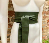 Dark green obi belt. Wrap belt in soft genuine leather. Wraparound waist belt. Wide style. Boho dress belt in soft dark khaki green leather