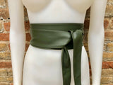 Dark green obi belt. Wrap belt in soft genuine leather. Wraparound waist belt. Wide style. Boho dress belt in soft dark khaki green leather