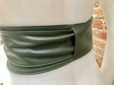 Dark green obi belt. Wrap belt in soft genuine leather. Wraparound waist belt. Wide style. Boho dress belt in soft dark khaki green leather