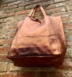 Tote leather bag in COPPER. Metallic effect genuine leather shopper. Large carry all bag for your laptop, books. COPPER soft leather purse.