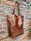 Tote leather bag in COPPER. Metallic effect genuine leather shopper. Large carry all bag for your laptop, books. COPPER soft leather purse.