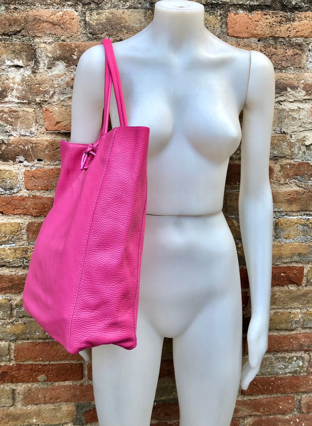 Tote leather bag in fuchsia pink. Soft natural GENUINE leather bag. Large hot pink leather shopper bag, Laptop bag.Hot pink purse