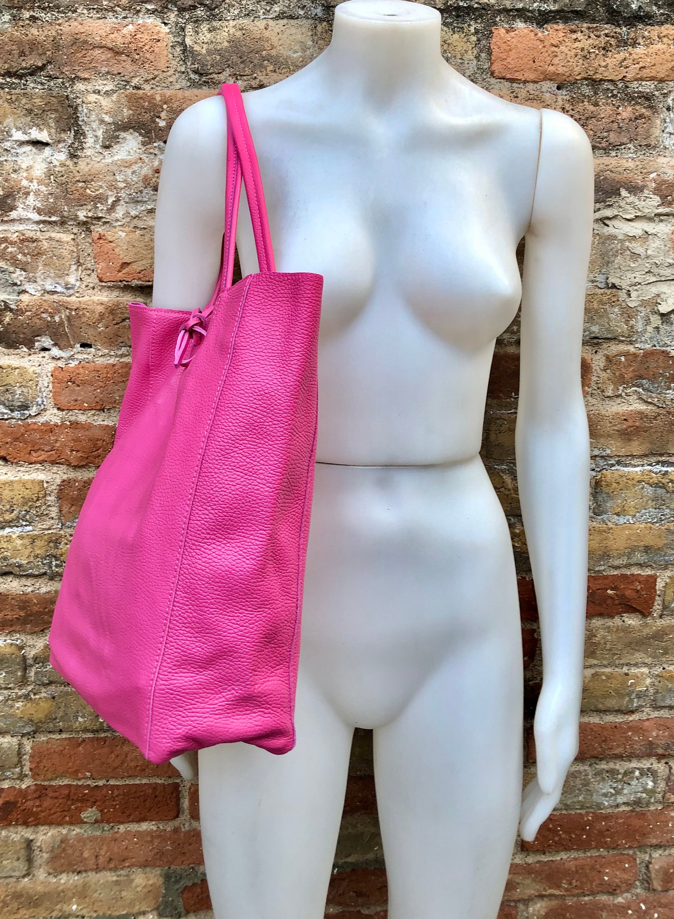 Tote leather bag in fuchsia pink. Soft natural GENUINE leather bag. Large hot pink leather shopper bag, Laptop bag.Hot pink purse