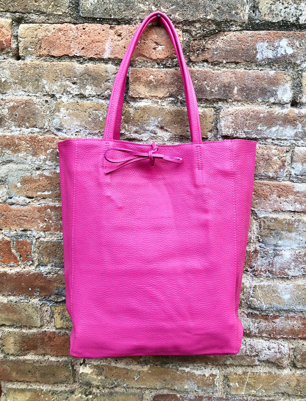 Tote leather bag in fuchsia pink. Soft natural GENUINE leather bag. Large hot pink leather shopper bag, Laptop bag.Hot pink purse