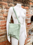 Light GREEN  suede leather bag. Soft natural suede, genuine leather purse. Mint green messenger with zipper, flap and adjustable strap.