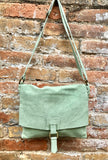 Light GREEN  suede leather bag. Soft natural suede, genuine leather purse. Mint green messenger with zipper, flap and adjustable strap.